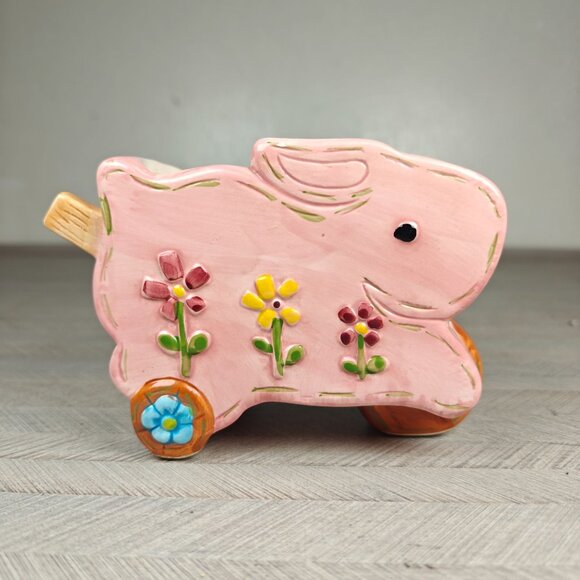 Vintage Ceramic Pink Bunny Wheelbarrow Planter Sponge Holder Floral Design - Picture 2 of 10